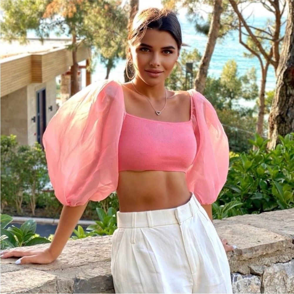 NWT Zara Hot Pink Contrasting Organza Knit Puff Sleeve Crop Top Size Small